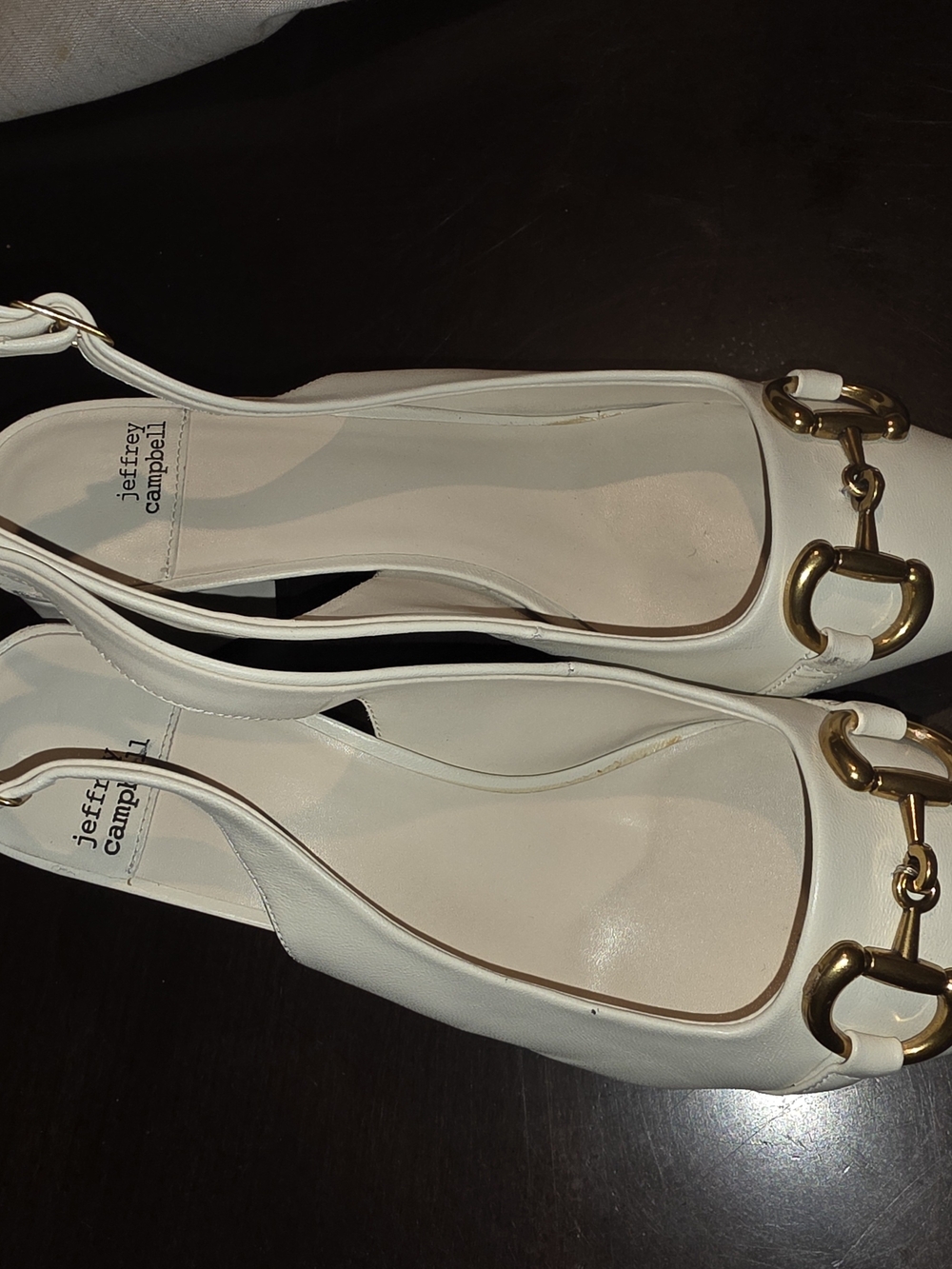 Jeffrey Campbell Cream Leather Slingback Flats with Gold Buckle